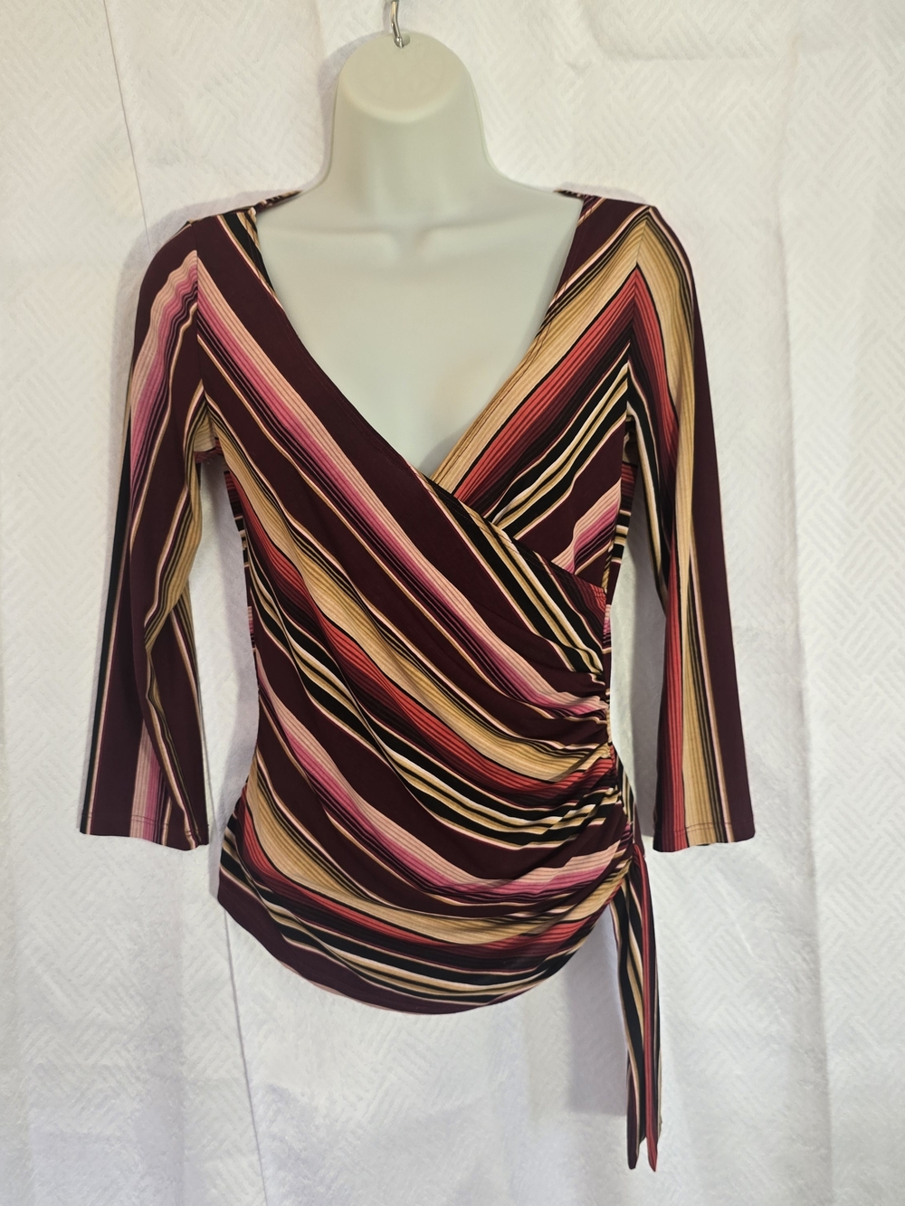Women's Burgundy Striped Surplice Wrap Top